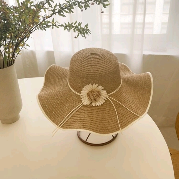 Floppy Hat With Flower Neutral 2-tone Boho Casual Country Vacation Minimalist - Picture 3 of 17